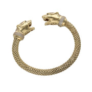 Close-up of panther head with CZ eyes on 14K gold popcorn chain bangle showing fierce animal design details