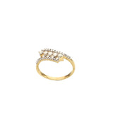 Direct close-up view of the VEKA three-tiered natural diamond anniversary band. The ring is 10k solid yellow gold, showing the precise diamond setting and cross-weave details