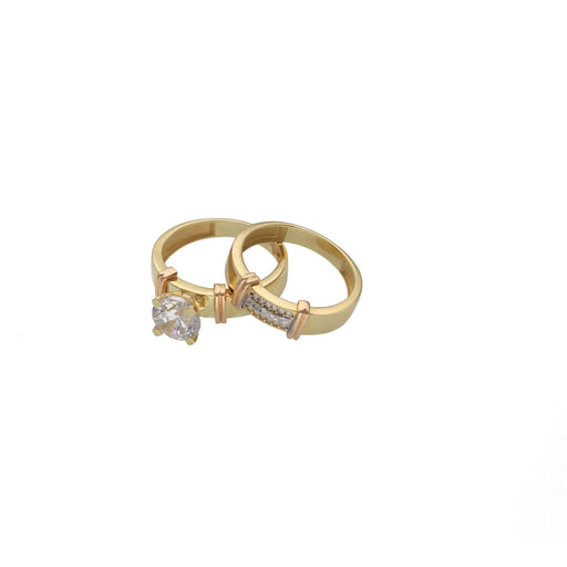 Close-up of CZ zirconia stones on two-tone gold bridal ring set showing elegant design