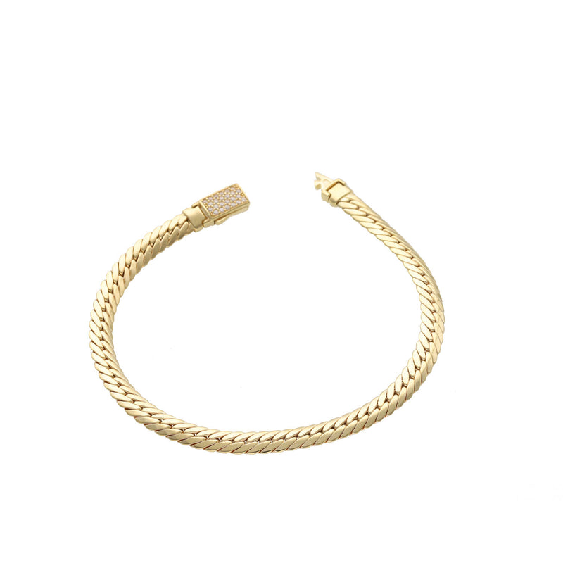 Full view of a 7-inch 14K yellow gold hollow link bracelet showcasing the uniform texture and brilliance of the gold links.