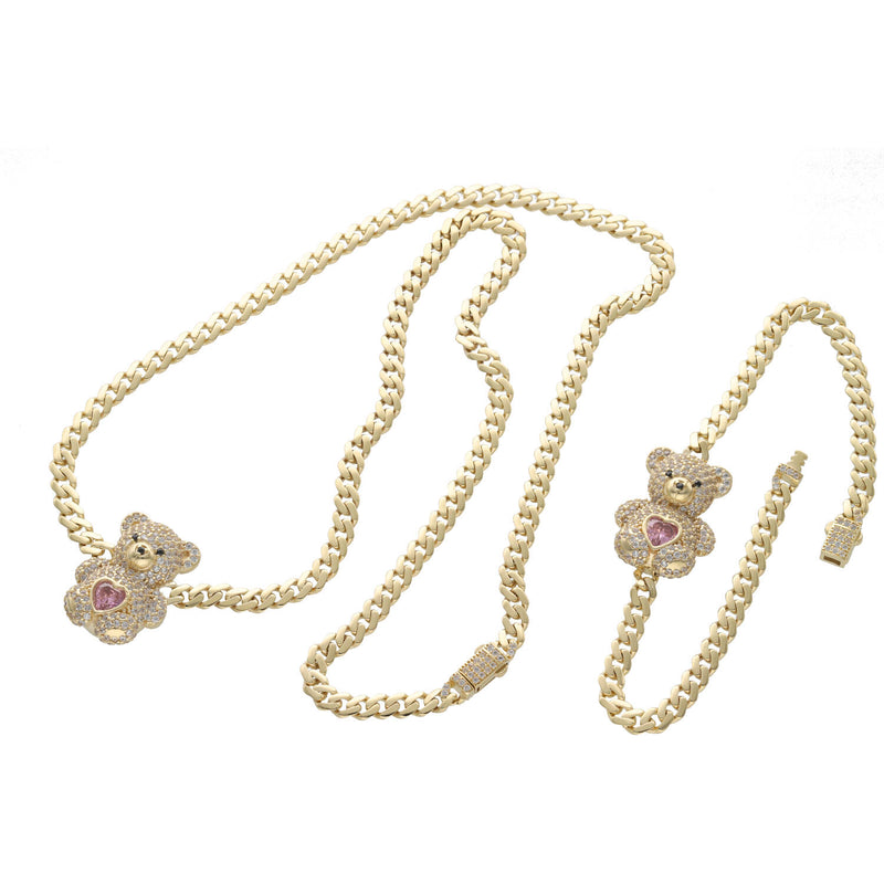 10 Karat Gold Cuban Link Teddy Bear Tummy Heart Set Necklace and Bracelet