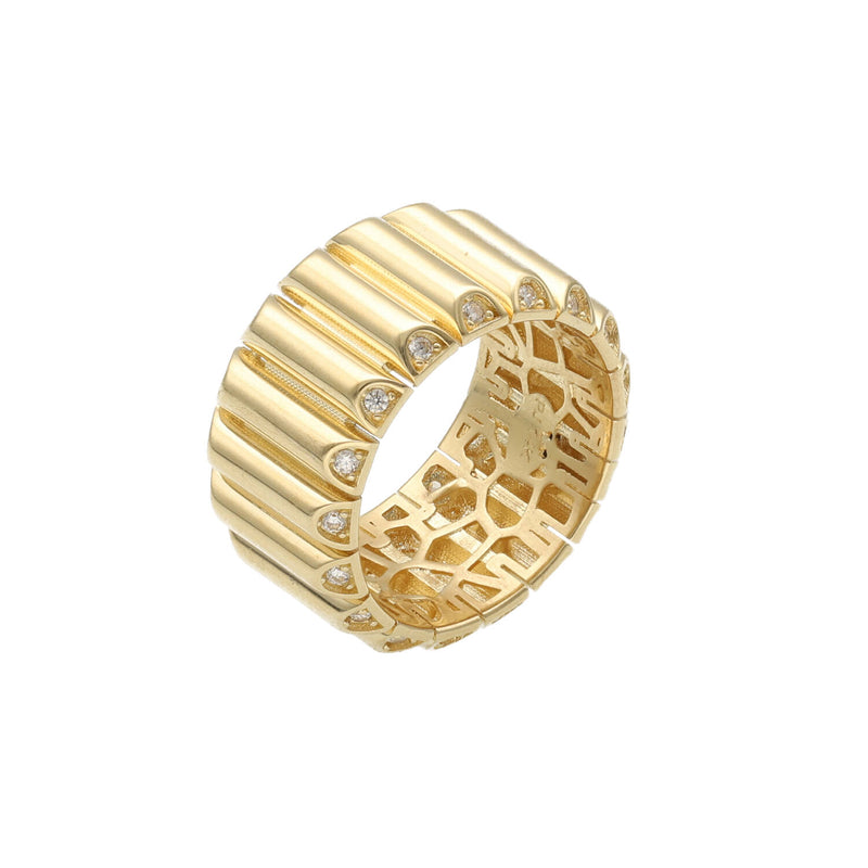 Luxury 14k yellow gold barrel ring featuring intricate interior gold lattice work and 14k hallmark