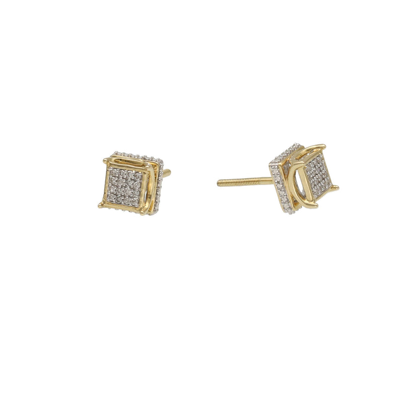 A side close up of a pair of 10 karat gold square earrings with diamond inlays,  showing the 4 corner point of crown desig.