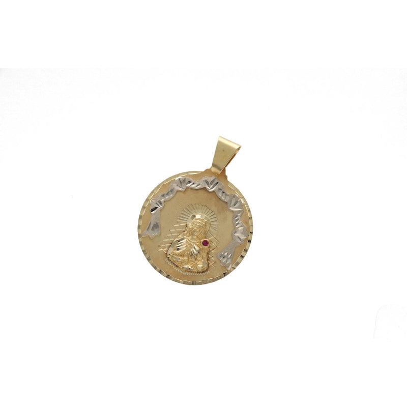 Intricate relief detailing of Saint Barbara on 10 karat solid yellow and white gold round religious pendant
