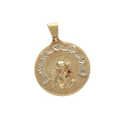 Intricate relief detailing of Saint Barbara on 14 karat solid yellow and white gold round religious pendant