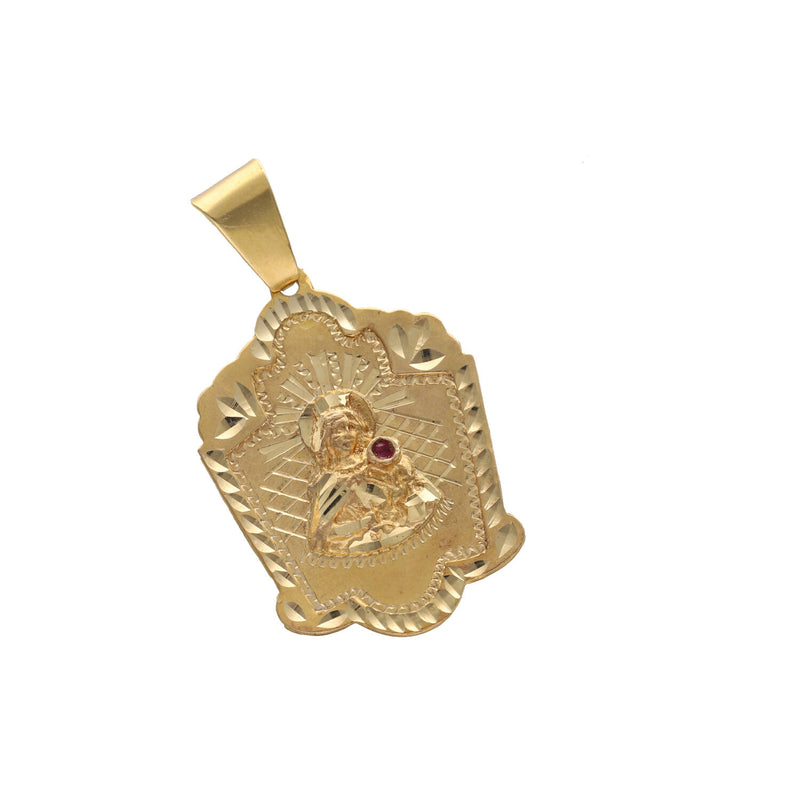 High resolution product shot of authentic solid yellow gold Santa Barbara medallion charm with red gemstone detail on white background