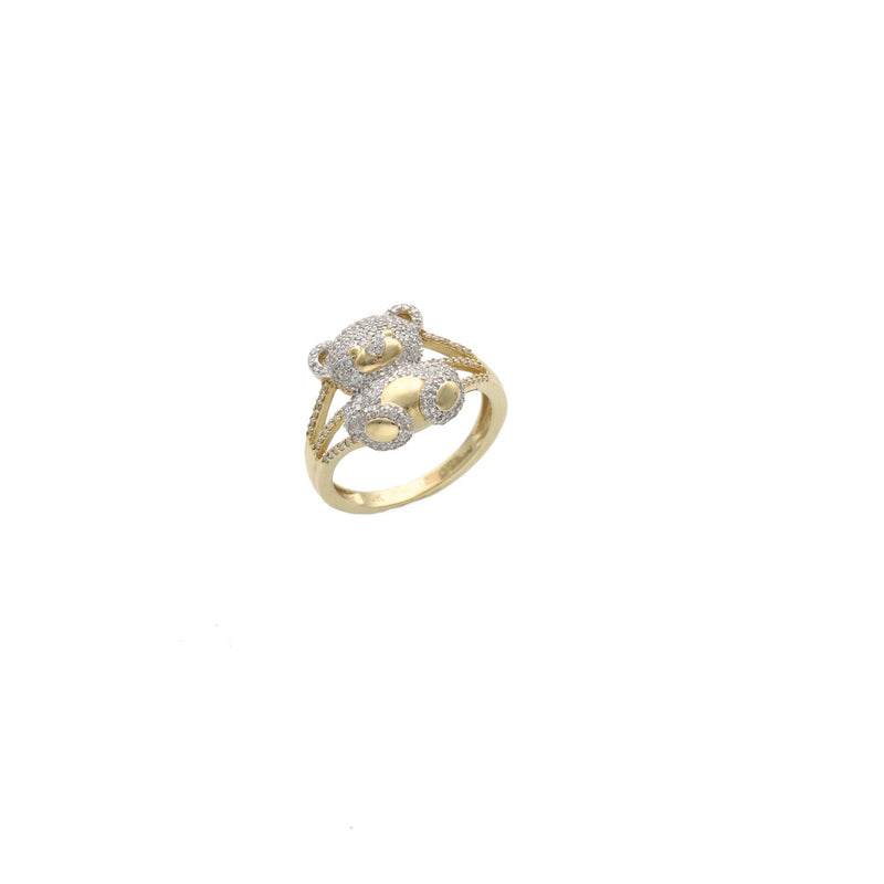 Three-quarter angle of the diamond-encrusted teddy bear ring design