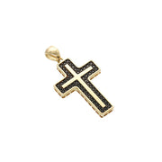 Angled close-up view of 14K yellow gold religious cross pendant with black cubic zirconia
