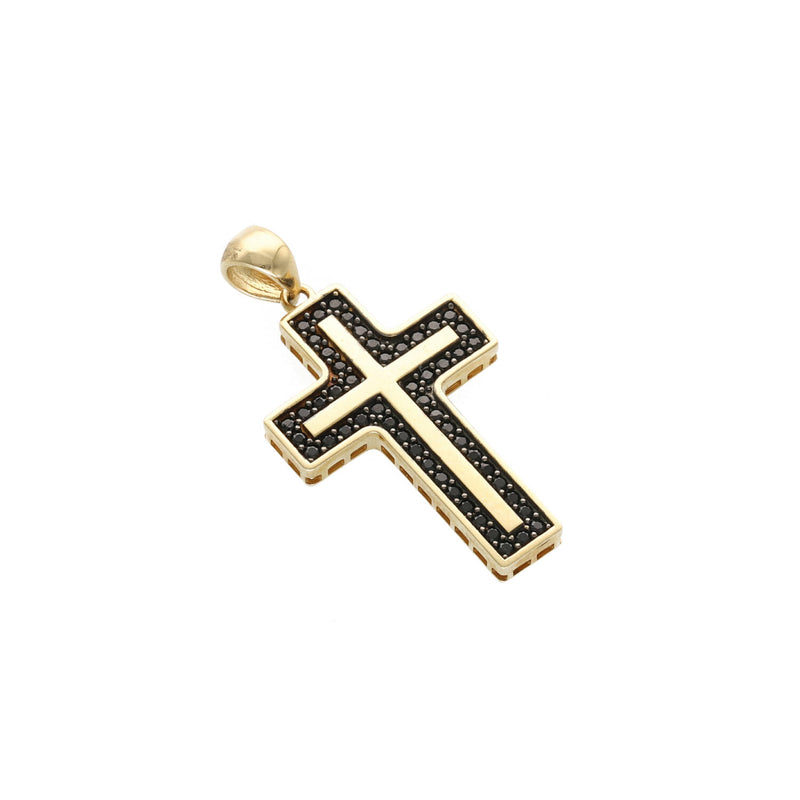 Angled close-up view of 14K yellow gold religious cross pendant with black cubic zirconia
