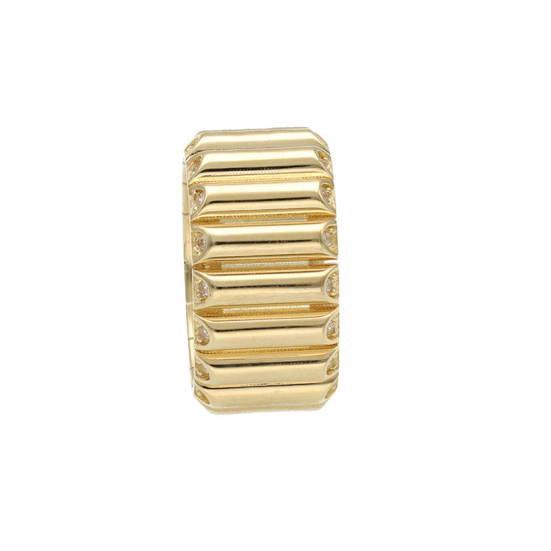 Side profile of 14k Gold Ribbed Ring showing high-polish barrel shape and vertical texture