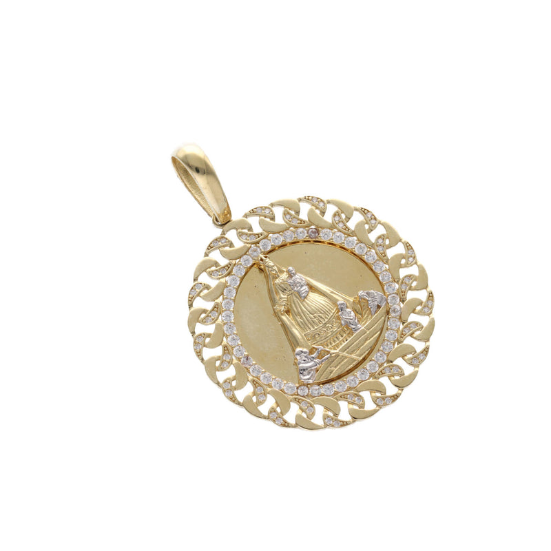 Angled view of 14K yellow gold Cuban style Caridad del Cobre pendant showing cubic zirconia halo and chain bail