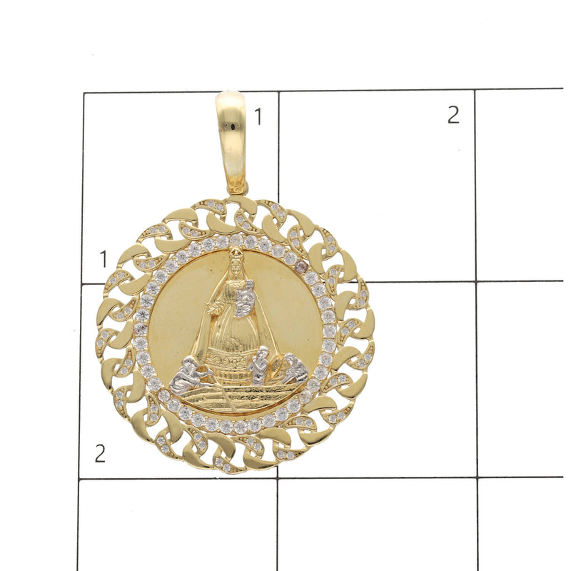 Size and measurement grid showing 36mm width and 50.5mm height of 14K gold Caridad del Cobre medal pendant.