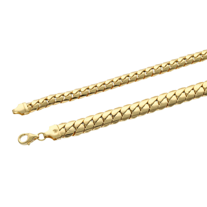 High-detail macro view of the compact "tight link" structure and high-polish finish of a 14k yellow gold Cuban bracelet with a secure lobster clasp