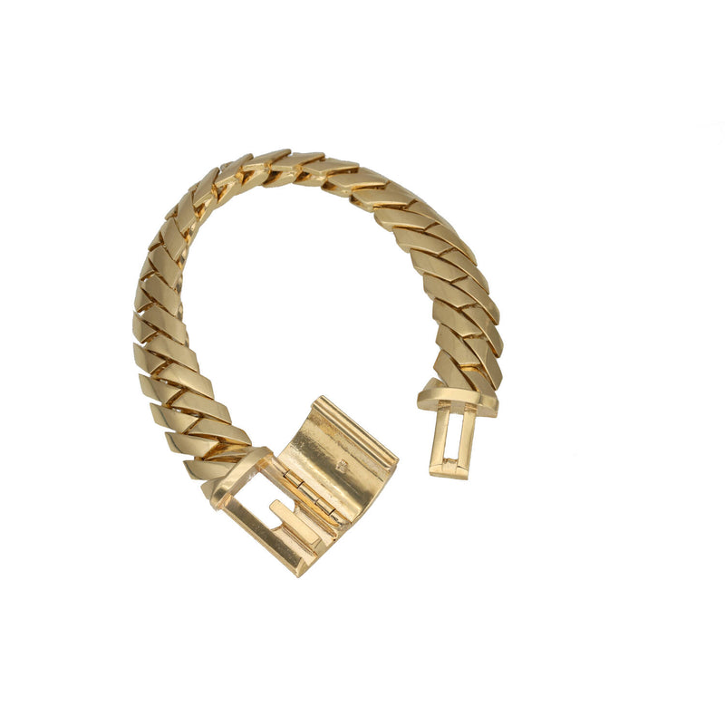 Close-up view of the 13mm heavy-duty custom Coffin Lock box clasp mechanism on a solid 10K gold double Miami Cuban link bracelet.