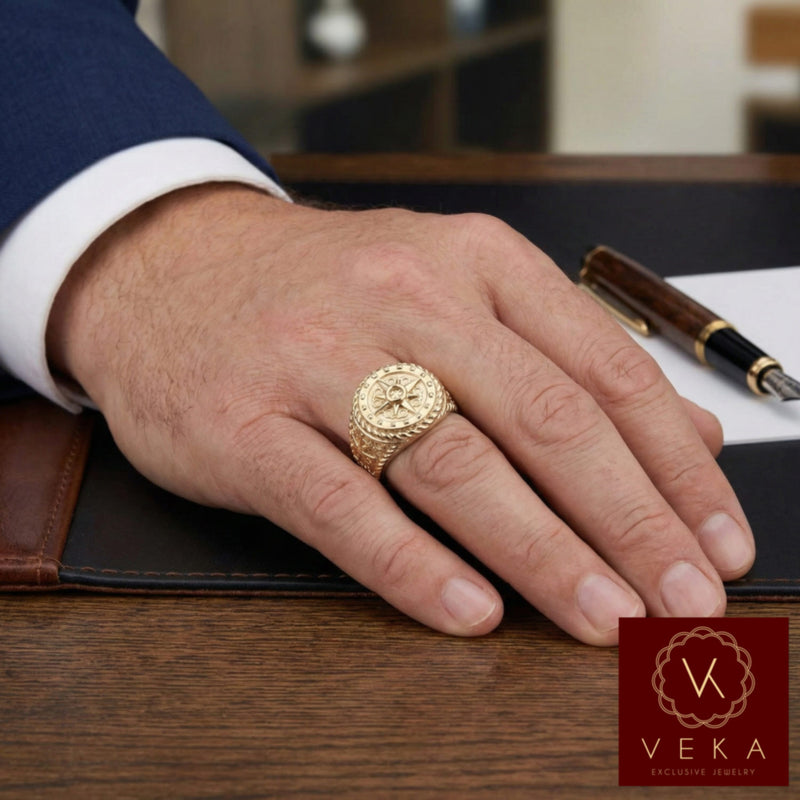 The Captain: Men's 14K Gold Compass & Boat Wheel Signet Ring