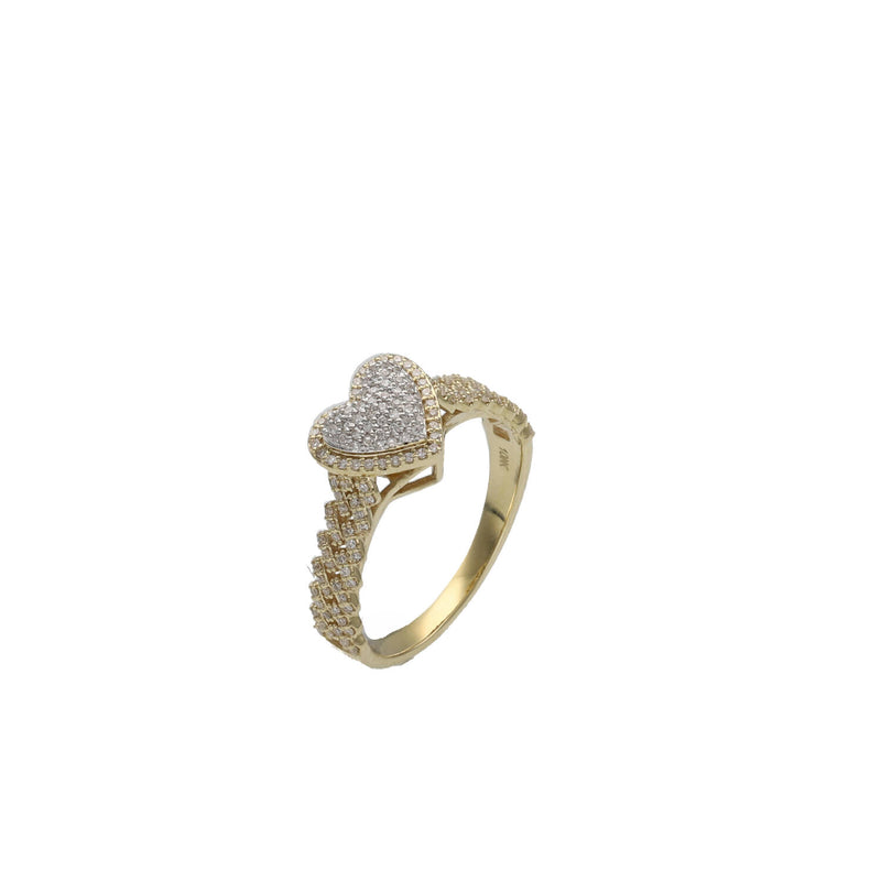 Side view of 10K yellow gold ring showcasing the Cuban link chain aesthetic band and heart diamond cluster, SI quality diamonds.