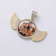 Custom resin family photo sealed in 10K yellow gold CZ angel wings memory pendant charm Veka Jewelry