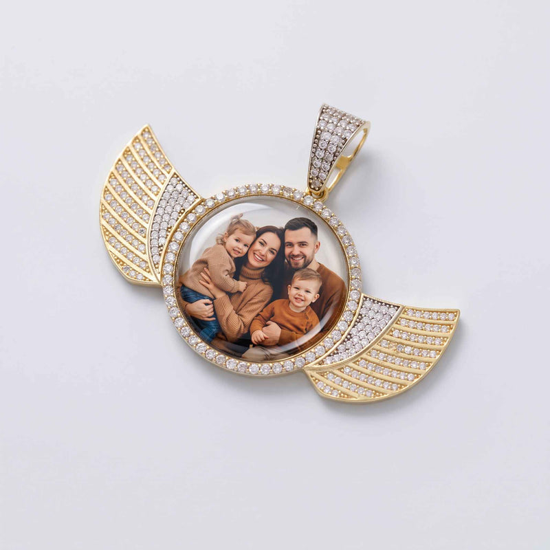Custom resin family photo sealed in 10K yellow gold CZ angel wings memory pendant charm Veka Jewelry
