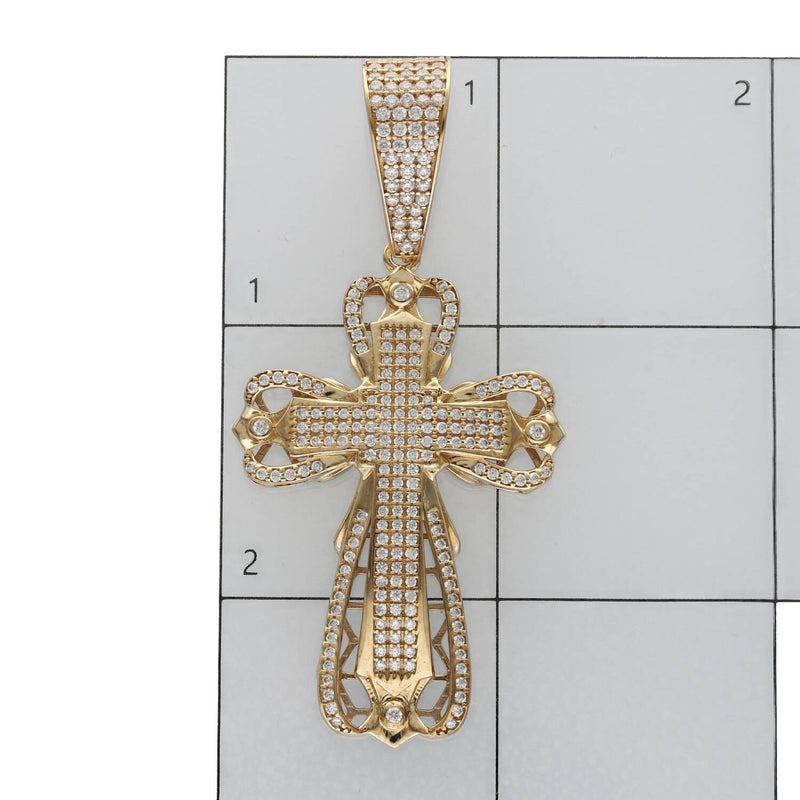Real gold designer cross charm 10K yellow gold with CZ stones in a ruled grid to have as a size reference- Veka Jewelry
