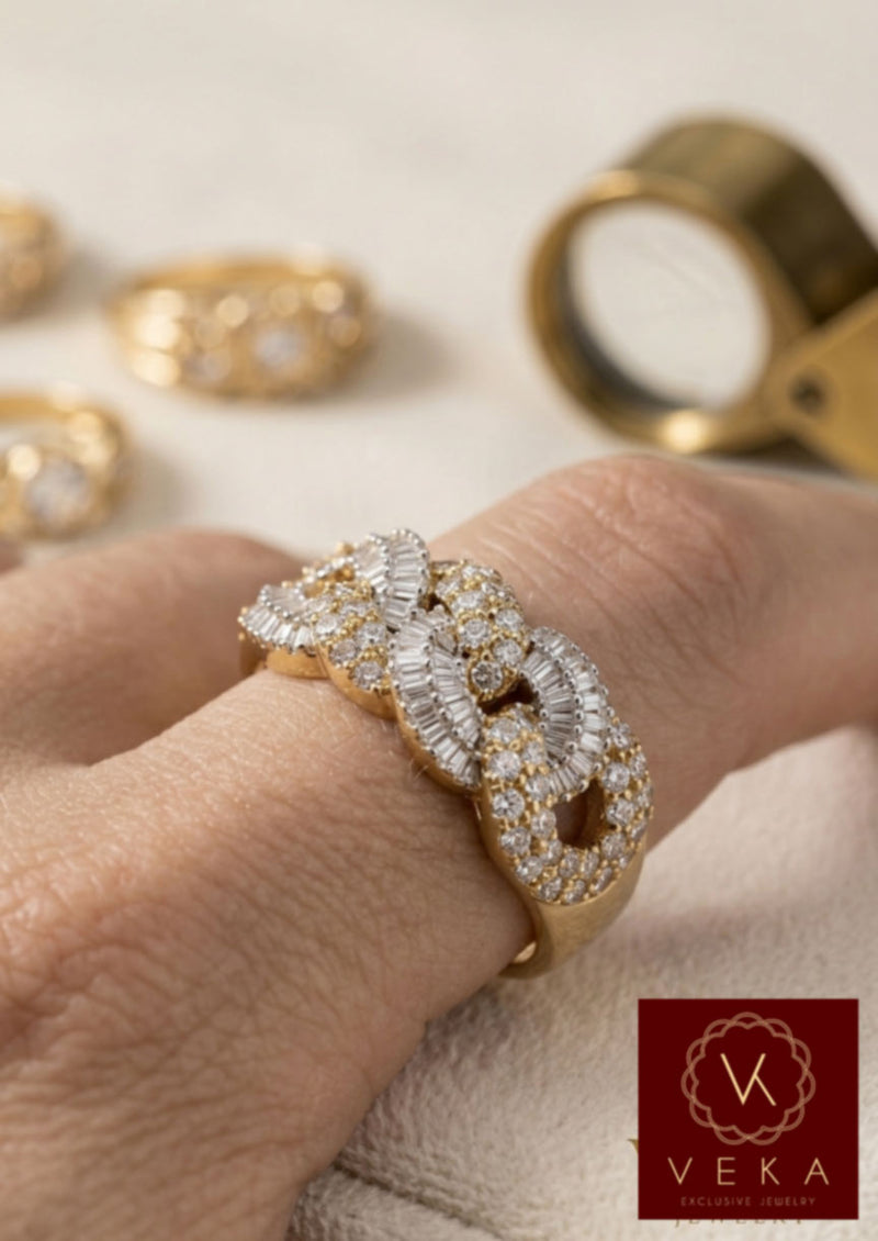 Close-up of 1.60 CTW natural diamond Cuban shape ring in 10K yellow gold