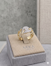 10K Gold Diamond Mariner and Cuban Link Fusion Ring on VEKA Jewelry grey display stand - 0.92 CTW Natural Diamonds.