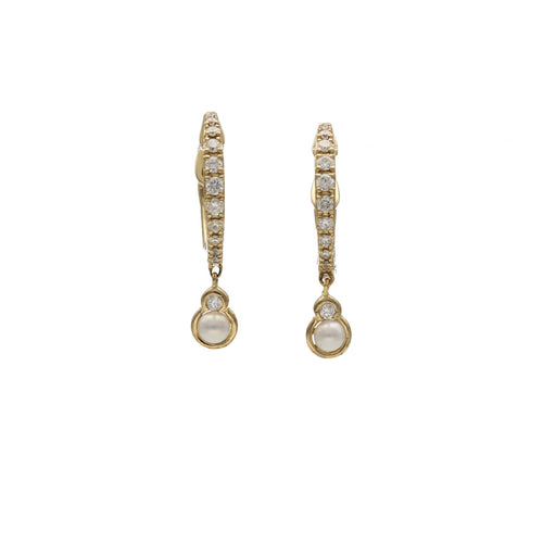A pair of 14 karat gold hoop earrings with pearl genuine stone.