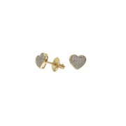 A side of a pair of 10 karat gold heart-shaped stud earrings with diamond accents with screw back enclosure