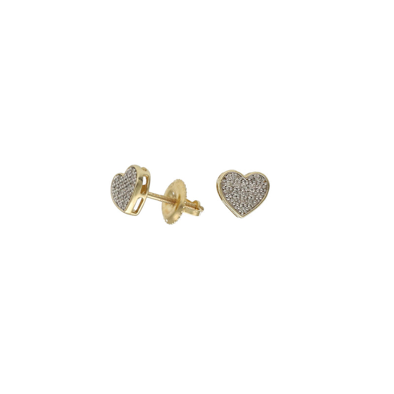 A side of a pair of 10 karat gold heart-shaped stud earrings with diamond accents with screw back enclosure