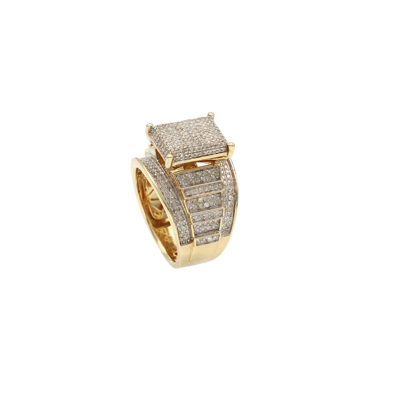Close-up of the square head of the ring, showing the brilliant natural diamonds set in 10K yellow gold