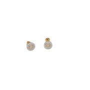 Front close-up view of a pair of men's diamond stud earrings featuring a combination of round and geometric baguette stones.