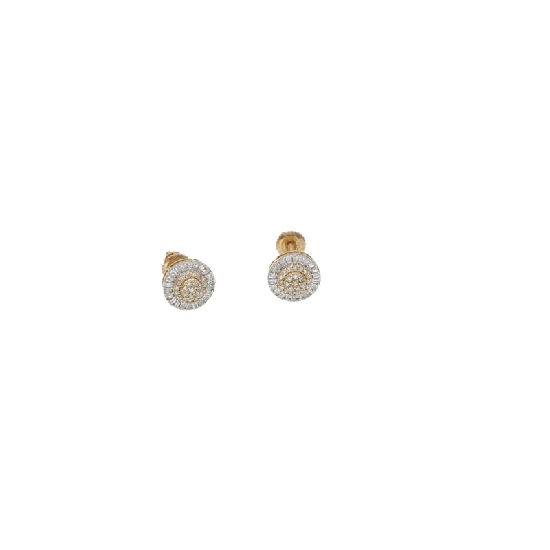 Front close-up view of a pair of men's diamond stud earrings featuring a combination of round and geometric baguette stones.