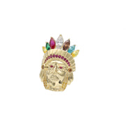 Front view of men's 10k yellow gold Indian Chief head ring featuring a headdress set with synthetic ruby, emerald, and clear cubic zirconia