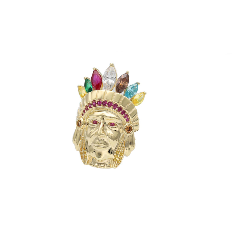 Front view of men's 10k yellow gold Indian Chief head ring featuring a headdress set with synthetic ruby, emerald, and clear cubic zirconia