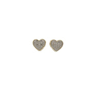 A front close up pair of 10 karat gold heart-shaped stud earrings with diamond accents.