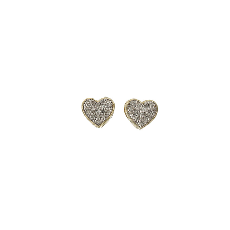 A front close up pair of 10 karat gold heart-shaped stud earrings with diamond accents.