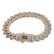 A complete, overhead view of the Real 10K Gold Monaco Chain Edge full pavé diamond bracelet (13.5mm width) laid flat, showcasing its modern angular design