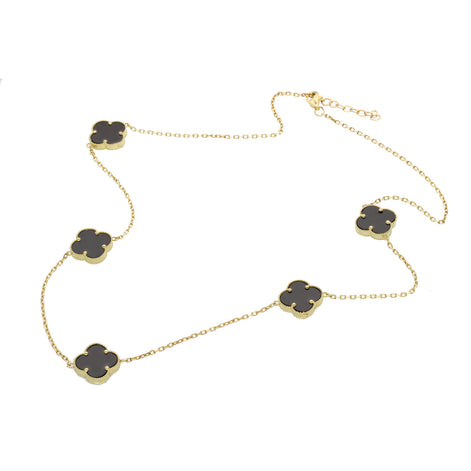 A 17-inch yellow gold station necklace with multiple synthetic black onyx clover-shaped stones in a white background.