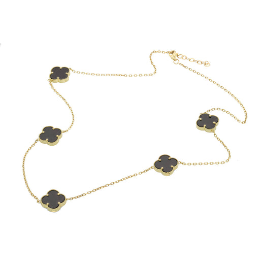 A 17-inch yellow gold station necklace with multiple synthetic black onyx clover-shaped stones in a white background.
