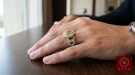 Professional model wearing the solid 10K gold crown ring with natural diamonds on a wooden surface
