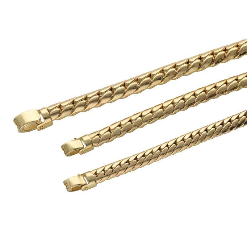 Detailed close-up of 10K gold tight link Cuban bracelets, highlighting the difference between the 6.5mm and 7.5mm widths and the Italian tight-knit link structure