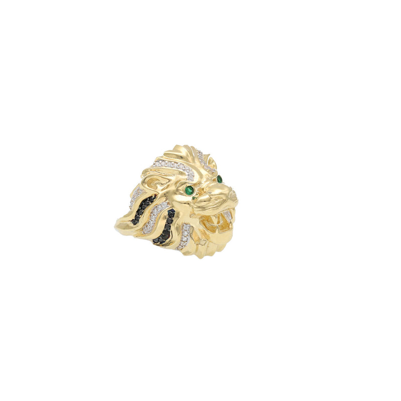 Side profile of the lion ring showing the 10K yellow gold shank and the pave setting texture