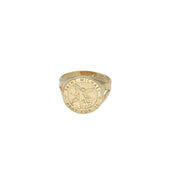 Detailed front view of the gold signet ring featuring the embossed Saint Michael figure and the text "SAINT MICHAEL PRAY FOR US