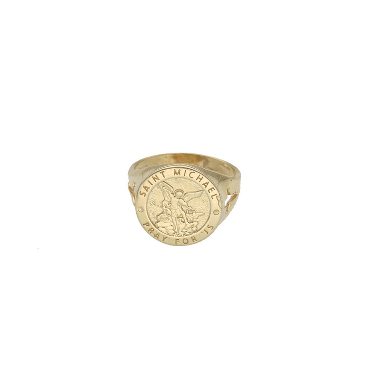 Detailed front view of the gold signet ring featuring the embossed Saint Michael figure and the text "SAINT MICHAEL PRAY FOR US