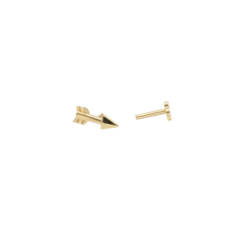 A 14 karat gold plain arrow cartilage piercing, consisting of a small gold-colored arrow-shaped design with a screw back closure.