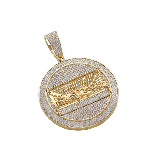 10K yellow gold Last Supper pendant with 4.25 carat natural diamonds front view with a glimpse of depth.