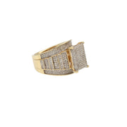 A low-angle shot of the jewelry piece, showcasing the wide, sturdy 10K gold band and the intricate diamond work on the sides.
