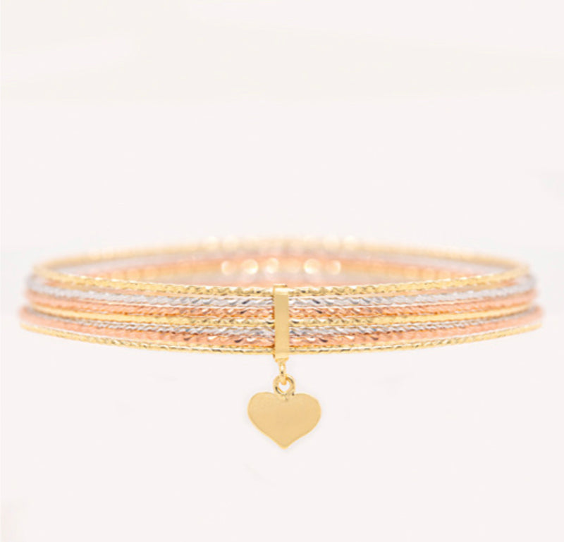 14 Karat Three Tone Gold Heart Bangle