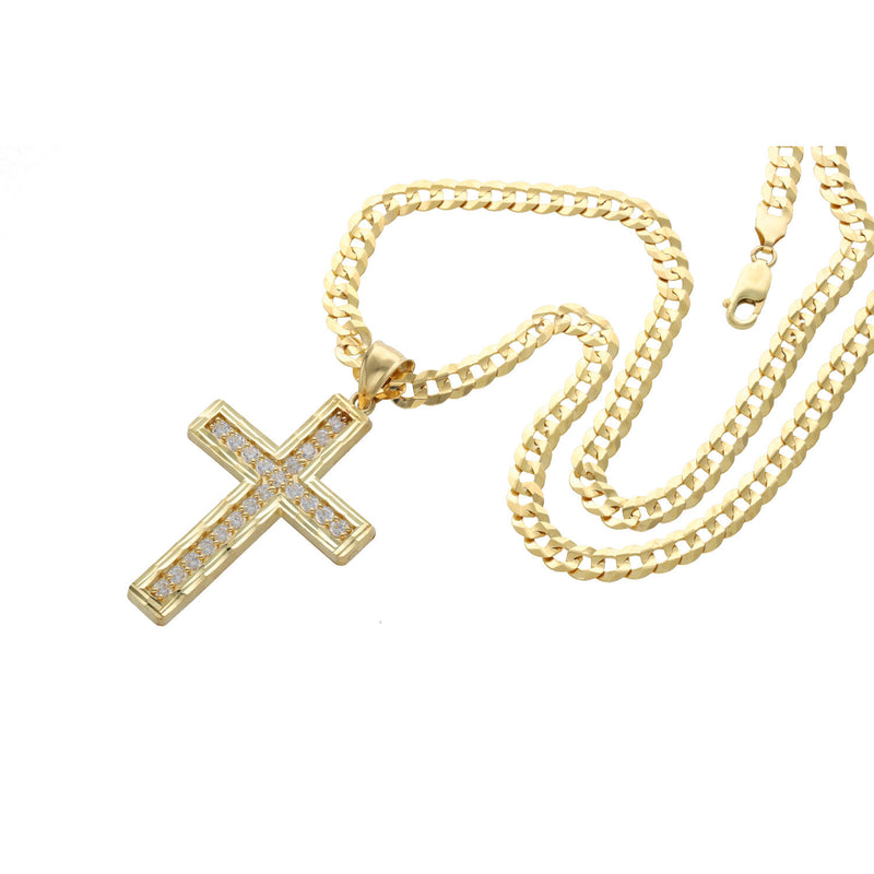 10 Karat Gold Italian Curb Cuban Chain Cross Charm Set