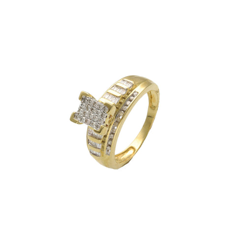 An isometric profile view of the 10k yellow gold Cinderella style diamond ring. The image highlights the unique integrated wedding band look with channel-set diamonds along the dual shanks. The multi-dimensional square diamond cluster setting and intricate metal work are clearly visible