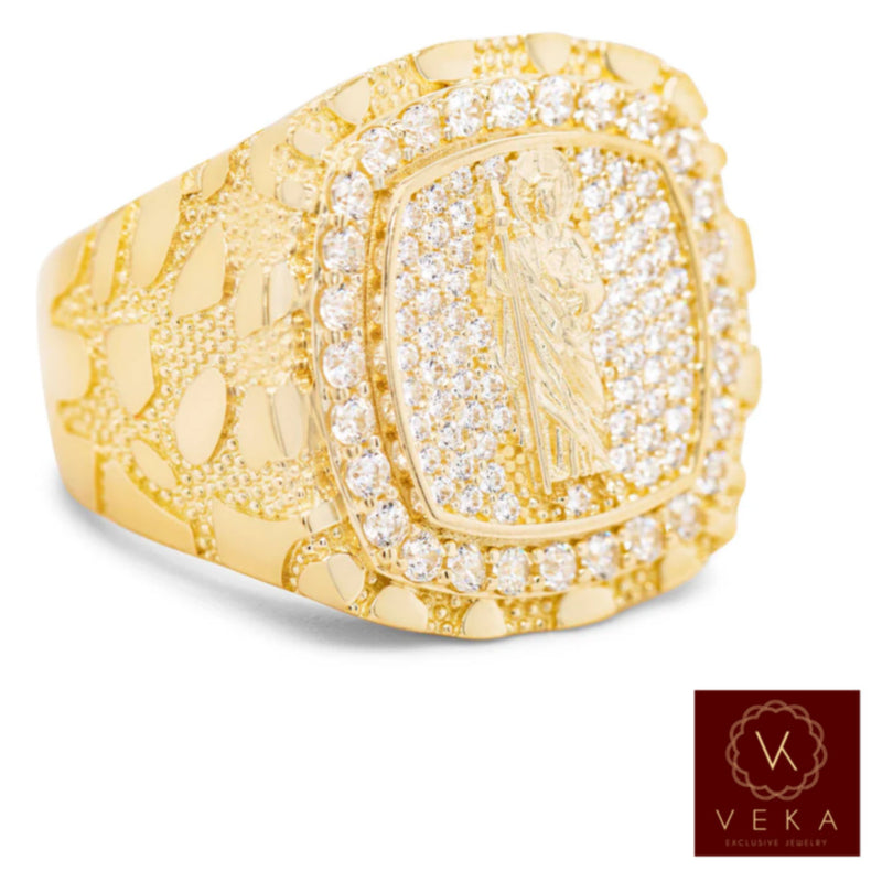 14K Yellow Gold Square Shape "San Judas" Nugget Men's Ring